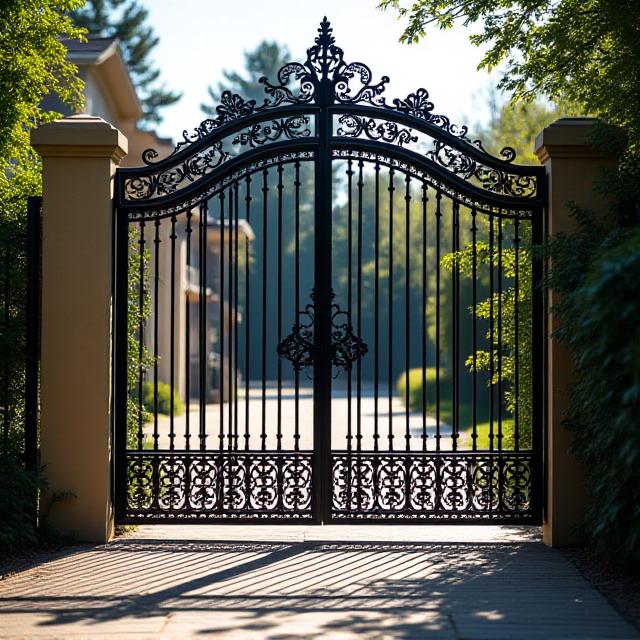 An ornate, custom-forged iron gate at the entrance to a driveway.